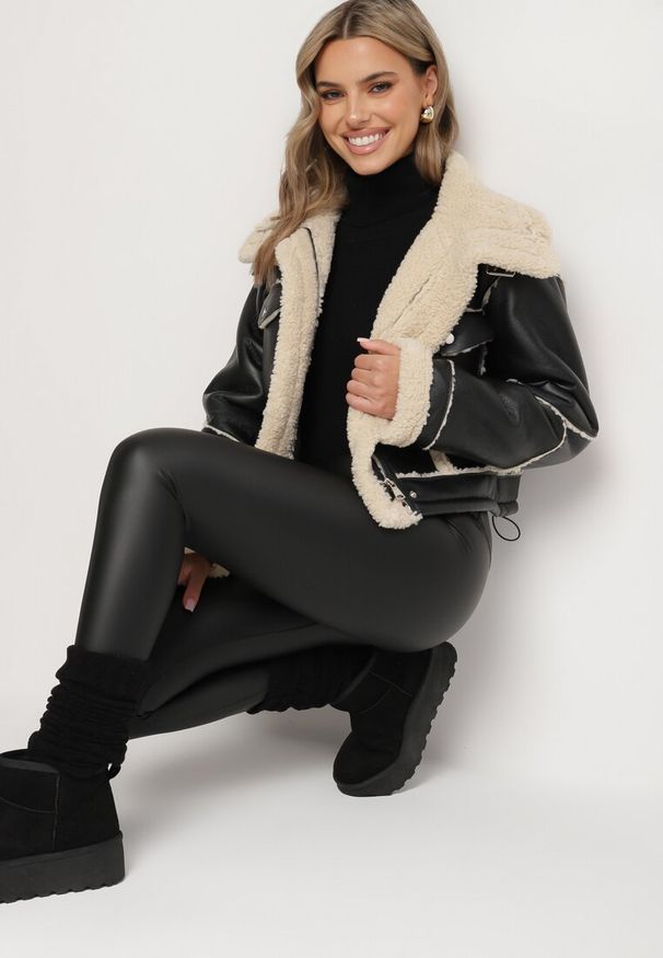 Born2be - Czarne Legginsy z Ekoskóry z Szerokim Pasem w Talii Sennallas. Okazja: na co dzień. Kolor: czarny. Styl: casual