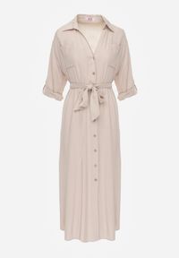 Born2be - Beżowa Bawełniana Sukienka Koszulowa z Paskiem i Regulowanymi Rękawami Sadevia. Okazja: na co dzień, do pracy, na spotkanie biznesowe, na spacer. Kolor: beżowy. Materiał: bawełna. Typ sukienki: koszulowe. Styl: klasyczny, casual, biznesowy, elegancki. Długość: midi #7