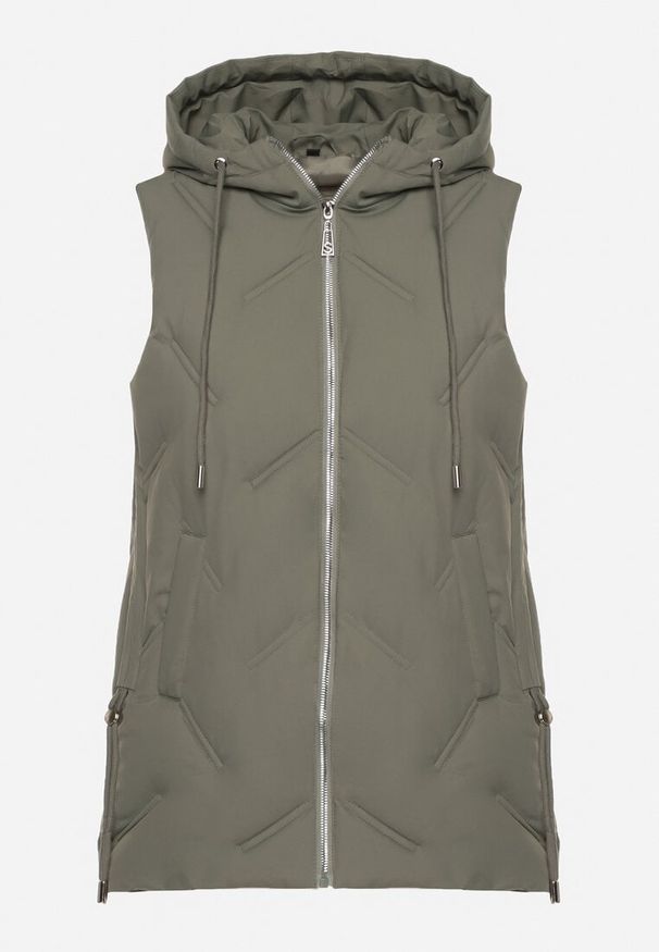 Born2be - Zielona Casualowa Kamizelka z Kapturem i Pikowanymi Przeszyciami Caletta. Okazja: na co dzień. Typ kołnierza: kaptur. Kolor: zielony. Materiał: jeans. Styl: casual