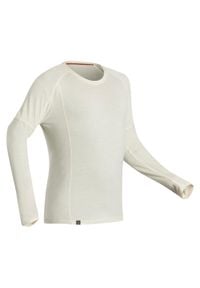 FORCLAZ - Koszulka trekkingowa z długim rękawem - TREK 500 MERINO - męska. Kolor: beżowy. Materiał: poliamid, wełna, materiał. Długość rękawa: długi rękaw. Długość: długie