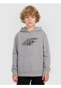 4f - 4F Bluza dresowa nierozpinana z kapturem chłopięca - szara 164 (13-14 lat). Okazja: na co dzień. Typ kołnierza: kaptur. Kolor: szary. Materiał: dresówka. Wzór: nadruk, ze splotem, gładki. Sezon: lato. Styl: sportowy, klasyczny, casual