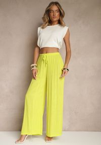 Renee - Żółte Szerokie Spodnie High Waist z Gumką w Talii Ilnena. Stan: podwyższony. Kolor: żółty. Materiał: tkanina. Sezon: lato