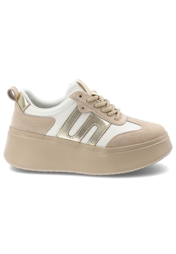 Sneakersy damskie Filippo, cholewka ze skóry naturalnej klasyczne sznurowanie na podwyższonej podeszwie, beżowe, DP7514/26. Okazja: na co dzień. Zapięcie: sznurówki. Kolor: biały. Materiał: skóra. Szerokość cholewki: normalna