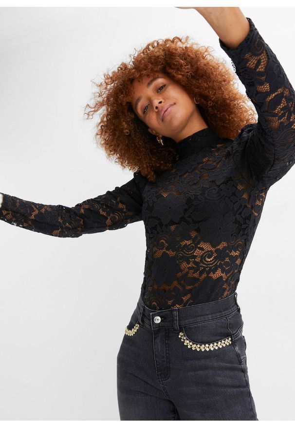 bonprix - Dopasowany shirt z długim rękawem i koronką. Kolor: czarny. Materiał: koronka. Długość rękawa: długi rękaw. Długość: długie. Wzór: koronka