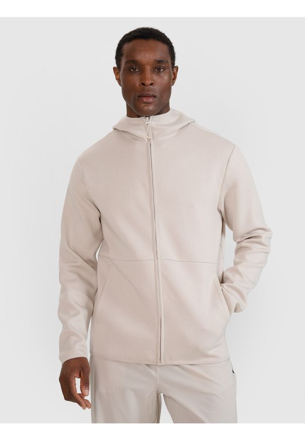 4f - 4F Bluza dresowa rozpinana z kapturem męska - beżowa 3XL. Okazja: na co dzień. Typ kołnierza: kaptur. Kolor: beżowy. Materiał: dresówka. Wzór: napisy, gładki, ze splotem, nadruk. Styl: sportowy, casual, elegancki