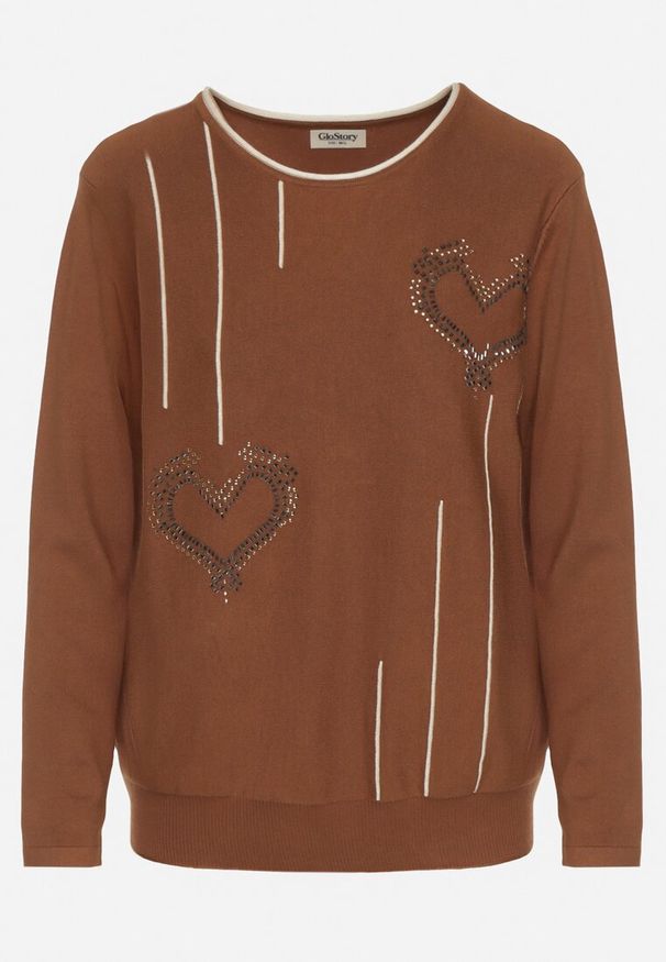Born2be - Brązowy Sweter Ozdobiony Sercami z Cyrkonii Unaressa. Okazja: na co dzień. Kolor: brązowy. Materiał: jeans. Wzór: aplikacja. Styl: casual, elegancki