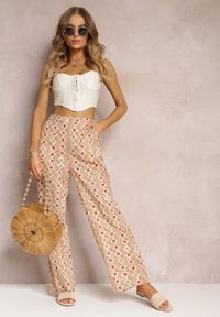 Renee - Beżowe Szerokie Spodnie w Fantazyjny Print Bawełniane Rosabella. Okazja: na co dzień. Kolor: beżowy. Materiał: bawełna. Długość: długie. Wzór: nadruk. Styl: casual, elegancki