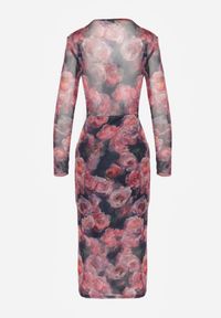 Renee - Czarno-Czerwona Kopertowa Sukienka z Siateczki z Wiskozą Zdobiona Marszczeniem Varseli. Kolor: czerwony. Materiał: wiskoza. Wzór: aplikacja. Typ sukienki: kopertowe. Styl: klasyczny #4