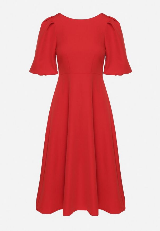 Born2be - Czerwona Sukienka o Rozkloszowanym Kroju z Bufiastymi Rękawami Melisseia. Kolor: czerwony. Styl: klasyczny