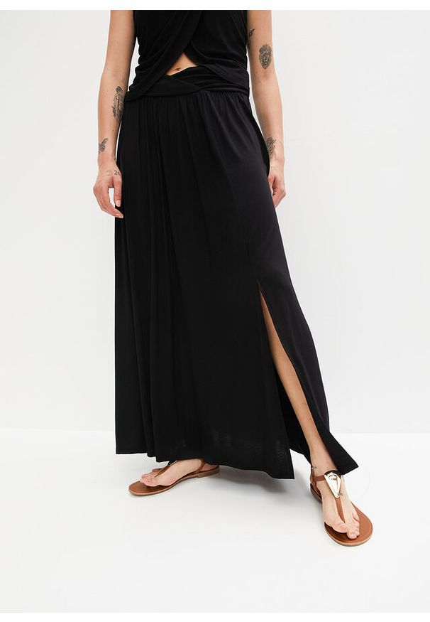 bonprix - Długa spódnica z ozdobnym elementem. Kolor: czarny. Długość: długie