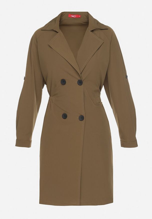 Born2be - Ciemnozielony Dwurzędowy Płaszcz z Bawełną i Regulowanymi Rękawami Ściągany z Tyłu Paskiem Mevalina. Okazja: do pracy. Kolor: zielony. Materiał: bawełna. Styl: klasyczny, elegancki