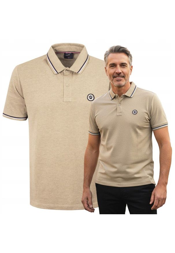 Męska, Bawełniana Koszulka Polo - Pako Jeans - Beżowa. Okazja: na co dzień. Typ kołnierza: polo. Kolor: brązowy, wielokolorowy, beżowy. Materiał: bawełna. Styl: casual