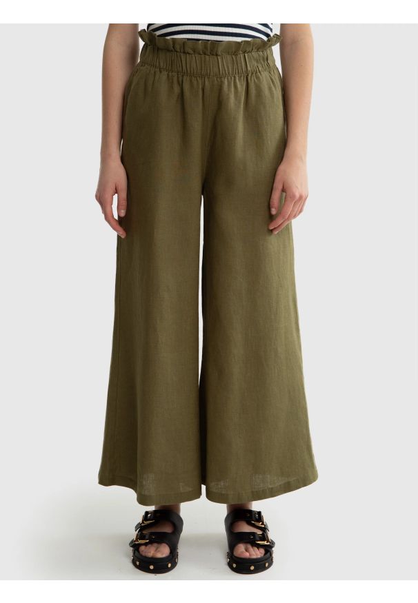 Big-Star - Spodnie damskie lniane z szeroką nogawką paperbag khaki Dorona 303. Kolor: zielony. Materiał: len. Styl: elegancki