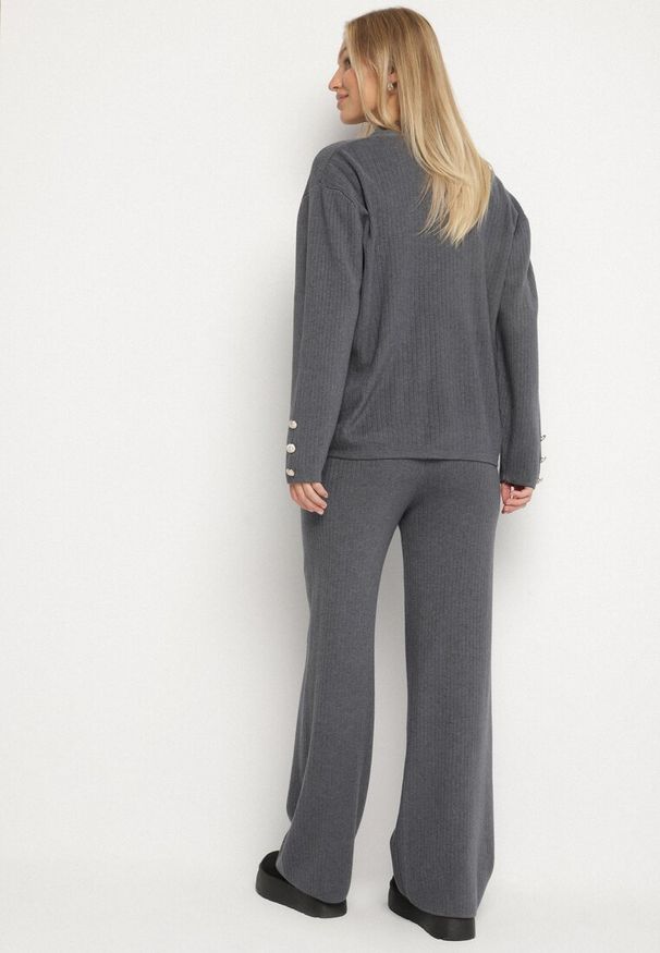 Born2be - Szary Dzianinowy Komplet z Bawełną Spodnie Kardigan i Bluzka z Golfem Ralinada. Kolor: szary. Materiał: dzianina, bawełna