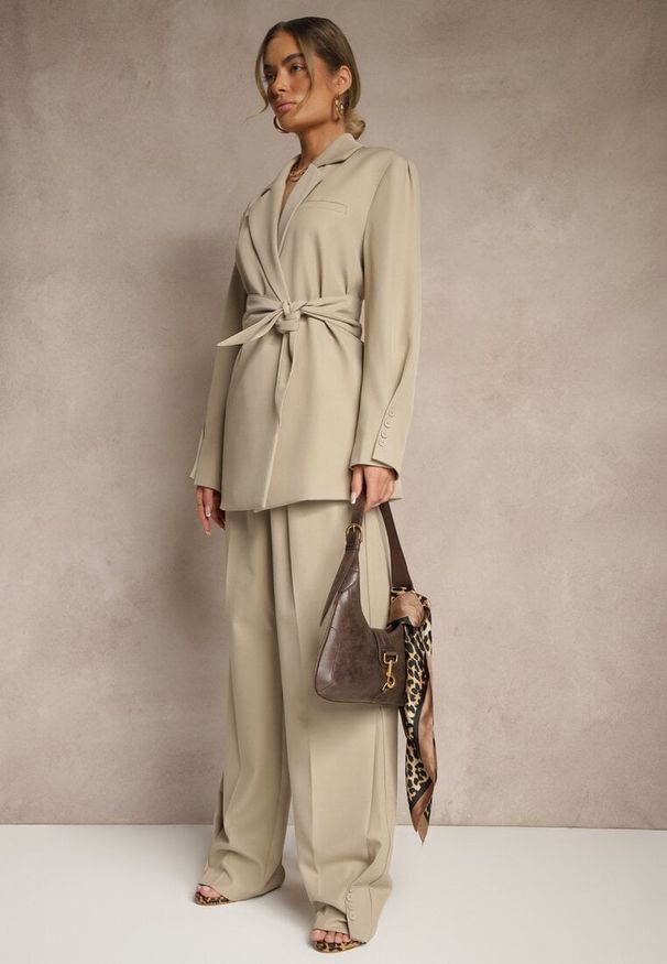 Renee - Beżowe Spodnie Garniturowe High Waist Annavia. Okazja: na spotkanie biznesowe. Stan: podwyższony. Kolor: beżowy. Styl: biznesowy, elegancki