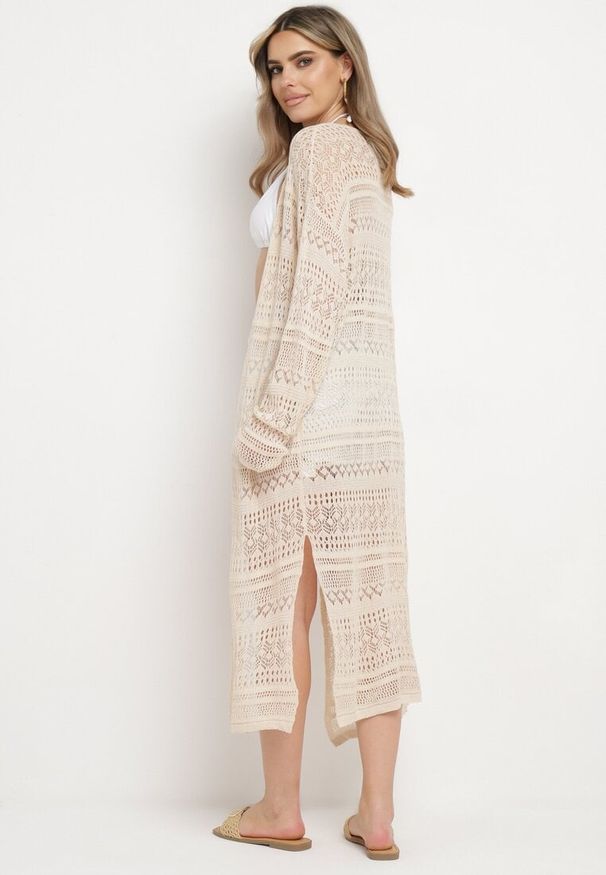 Born2be - Beżowy Kardigan Narzutka o Ażurowym Wykończeniu w Stylu Boho Sanalia. Okazja: na co dzień. Kolor: beżowy. Materiał: jeans. Wzór: ażurowy. Styl: boho