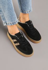 Renee - Czarne Zamszowe Sneakersy w Stylu Kultowych Tenisówek ze Skórzaną Wkładką i Wzorem w Panterkę Tenannia. Okazja: na co dzień. Kolor: czarny. Materiał: zamsz, skóra. Wzór: motyw zwierzęcy #6