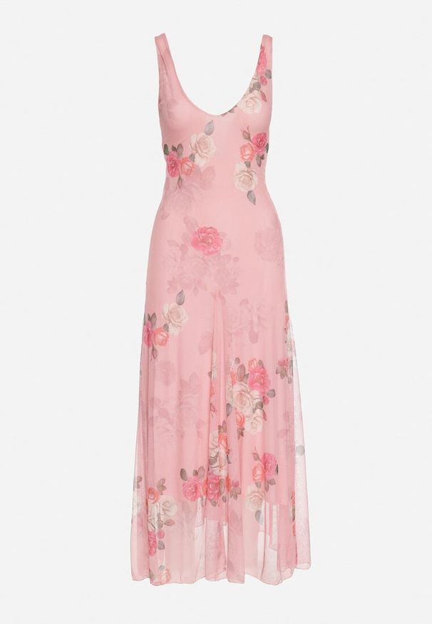 Born2be - Różowa Siateczkowa Sukienka z Kwiatowym Motywem Milanessa. Okazja: na co dzień. Kolor: różowy. Materiał: jeans. Wzór: kwiaty. Typ sukienki: proste. Styl: casual, elegancki