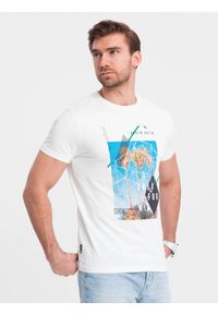 Ombre Clothing - T-shirt męski bawełniany z nadrukiem California - biały V1 OM-TSPT-0128 - XXL. Kolor: biały. Materiał: bawełna. Wzór: nadruk. Sezon: lato. Styl: klasyczny