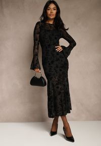 Renee - Czarna Koktajlowa Sukienka VICES z Siateczki z Welurowym Wzorem Fyreleva. Okazja: na imprezę. Kolor: czarny. Materiał: welur. Długość rękawa: długi rękaw. Styl: wizytowy #4