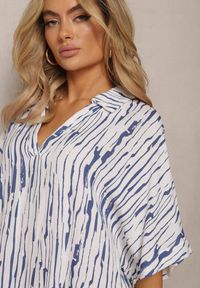 Renee - Biało-Granatowa Pudełkowa Sukienka z Lnu i Bawełny z Kołnierzem Umstalia. Kolor: biały. Materiał: bawełna, len. Sezon: lato #5