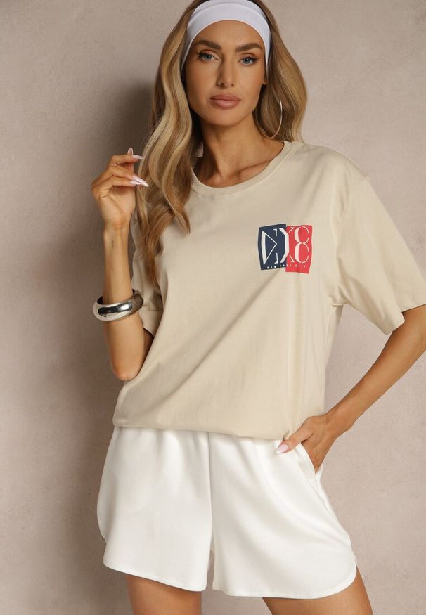 Renee - Beżowa Koszulka z Bawełny z Ozdobnym Nadrukiem Olinesse. Okazja: na co dzień. Kolor: beżowy. Materiał: bawełna. Wzór: nadruk. Styl: klasyczny, casual
