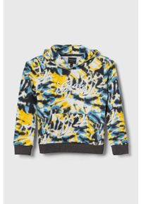 Guess bluza bawełniana dziecięca kolor żółty z kapturem wzorzysta. Typ kołnierza: kaptur. Kolor: żółty. Materiał: bawełna. Wzór: aplikacja
