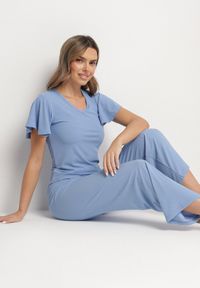 Born2be - Niebieskie Prążkowane Spodnie Szerokie z Gumką w Pasie Drasia. Kolor: niebieski. Materiał: prążkowany #6