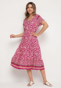 Born2be - Fioletowa Bawełniana Sukienka z Guzikami i Ornamentnym Wzorem Zisselle. Kolor: fioletowy. Materiał: bawełna #2