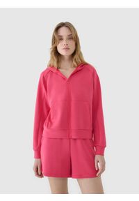 4f - 4F Bluza dresowa rozpinana z modalem damska - różowa XXL. Okazja: na co dzień. Typ kołnierza: kaptur. Kolor: różowy. Materiał: dresówka. Długość rękawa: raglanowy rękaw. Wzór: ze splotem, gładki. Styl: sportowy, casual. Sport: fitness