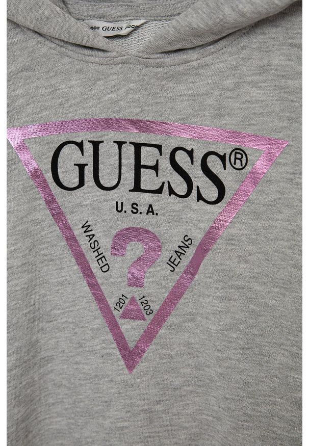 Guess Bluza bawełniana dziecięca kolor szary z kapturem z nadrukiem. Okazja: na co dzień. Typ kołnierza: kaptur. Kolor: szary. Materiał: bawełna. Wzór: nadruk. Styl: casual