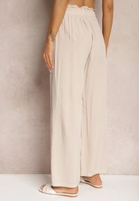 Renee - Jasnobeżowe Spodnie Palazzo High Waist z Bawełny Wykończone Gumką w Talii Nellsea. Okazja: na co dzień. Stan: podwyższony. Kolor: beżowy. Materiał: bawełna. Styl: casual, elegancki #6