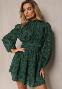 Renee - Zielona Koronkowa Sukienka Mini z Gumką w Pasie Netta. Kolor: zielony. Materiał: koronka. Typ sukienki: rozkloszowane. Długość: mini