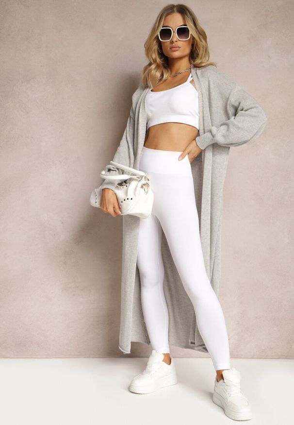 Renee - Szary Jednolity Kardigan o Przedłużonym Kroju ze Ściągaczami Terrin. Kolor: szary. Materiał: jeans. Wzór: jednolity. Styl: elegancki