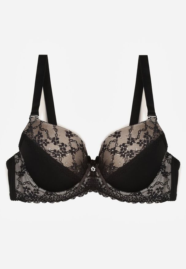 Renee - Czarno-Beżowy Biustonosz z Koronką i Cyrkoniami Himelodia. Kolor: czarny. Materiał: koronka. Wzór: koronka