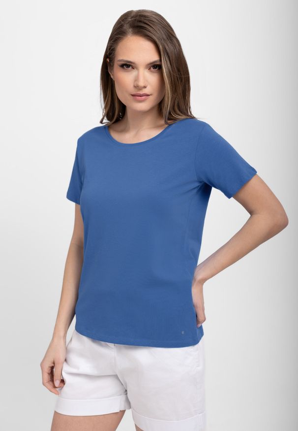Volcano - Elastyczna koszulka basic T-ANA. Okazja: na co dzień. Kolor: niebieski. Materiał: bawełna, materiał. Długość rękawa: krótki rękaw. Długość: krótkie. Wzór: gładki. Styl: klasyczny, casual, elegancki