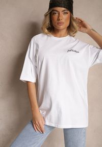 Renee - Biały T-shirt Koszulka z Bawełny Ozdobiona Nadrukiem i Napisem Just Be There Felena. Kolor: biały. Materiał: bawełna. Wzór: napisy, aplikacja, nadruk