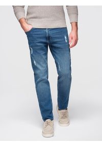 Ombre Clothing - Męskie spodnie jeansowe SLIM FIT z przetarciami - ciemnoniebieskie V2 - Rozmiar: M. Okazja: na co dzień, na uczelnię. Kolor: niebieski. Materiał: jeans. Wzór: aplikacja. Styl: casual #1