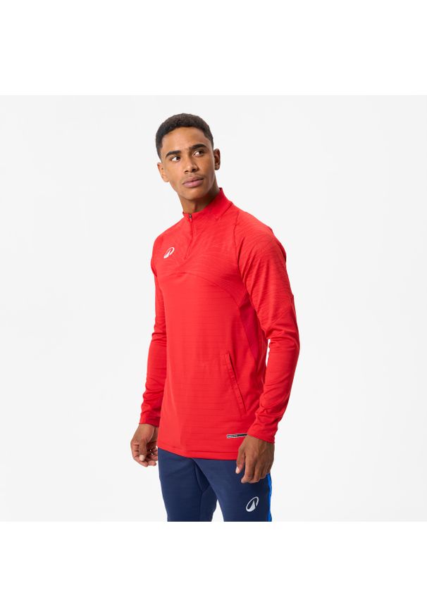 KIPSTA - Bluza piłkarska Kipsta CLR Club na krótki suwak. Kolor: czerwony. Materiał: skóra, materiał. Długość: krótkie. Sport: piłka nożna