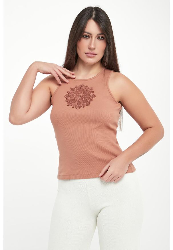 Twinset Milano - Top damski prążkowany z haftem TWINSET. Materiał: prążkowany. Wzór: haft