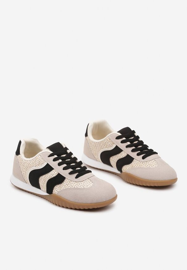 Renee - Beżowo-Czarne Sneakersy z Ozdobną Plecionką z Rafią Morloris. Okazja: na co dzień, na spacer. Kolor: beżowy. Materiał: jeans. Wzór: aplikacja, kwiaty. Obcas: na obcasie. Wysokość obcasa: średni. Sport: turystyka piesza