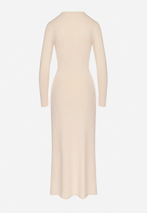 Born2be - Jasnobeżowa Sukienka z Efektownym Marszczeniem i Rozcięciem z Wiskozą Kliheria. Okazja: na co dzień. Kolor: beżowy. Materiał: wiskoza. Długość rękawa: długi rękaw. Styl: casual, klasyczny, elegancki