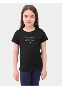 4F JUNIOR - T-shirt z nadrukiem dziewczęcy. Kolor: czarny. Materiał: bawełna. Wzór: nadruk
