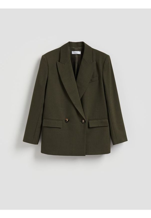 Reserved - Dwurzędowa marynarka - ciemnozielony. Kolor: zielony. Materiał: tkanina, wełna, wiskoza