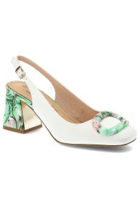 Czółenka damskie S.Barski, cholewka ze skóry naturalnej z elegancką broszką i stabilnym obcasem, zielone, LZ61-2010. Kolor: biały. Materiał: skóra. Szerokość cholewki: normalna. Obcas: na obcasie. Styl: elegancki. Wysokość obcasa: średni #1