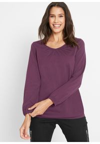 bonprix - Bluzka bawełniana z czystej bawełny z długim rękawem i gumką. Typ kołnierza: dekolt w serek. Kolor: fioletowy. Materiał: bawełna. Długość rękawa: długi rękaw. Długość: długie #1