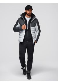 Ombre Clothing - Kurtka pikowana męska z odpinanym kapturem – grafitowo-biała V3 - Rozmiar: L. Kolor: biały. Materiał: tkanina, poliester, materiał, syntetyk, włókno. Wzór: aplikacja. Sezon: zima