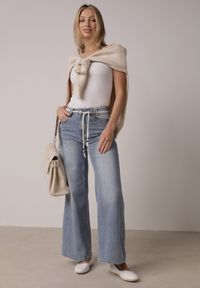 Born2be - Niebieskie Jeansy z Bawełną o Szerokim Kroju z Wysokim Stanem i Sznurkowym Paskiem Ianaia. Okazja: na co dzień. Stan: podwyższony. Kolor: niebieski. Styl: casual, klasyczny #2