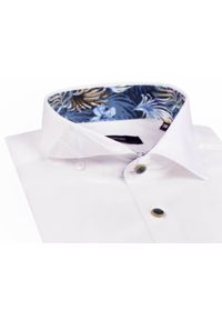 Mmer / Villaro - Koszule męskie - Biała koszula męska z niebieskimi wykończeniami w kwiaty E101. Typ kołnierza: kołnierzyk klasyczny. Kolor: biały, wielokolorowy, niebieski. Materiał: bawełna, elastan, tkanina. Długość: długie. Wzór: kwiaty. Styl: klasyczny #1