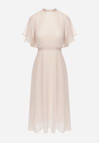 Renee - Beżowa Rozkloszowana Sukienka z Odkrytymi Plecami i Wiązaniem Syrissis. Typ kołnierza: kokarda. Kolor: beżowy. Materiał: materiał, tkanina. Wzór: aplikacja. Styl: elegancki, wizytowy. Długość: midi #6